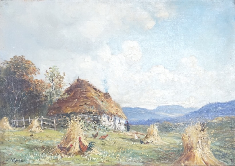 J. Morison, Highland croft, signed, inscriptions and 99PF stencil verso, oil on canvas, 25 x 35cm
